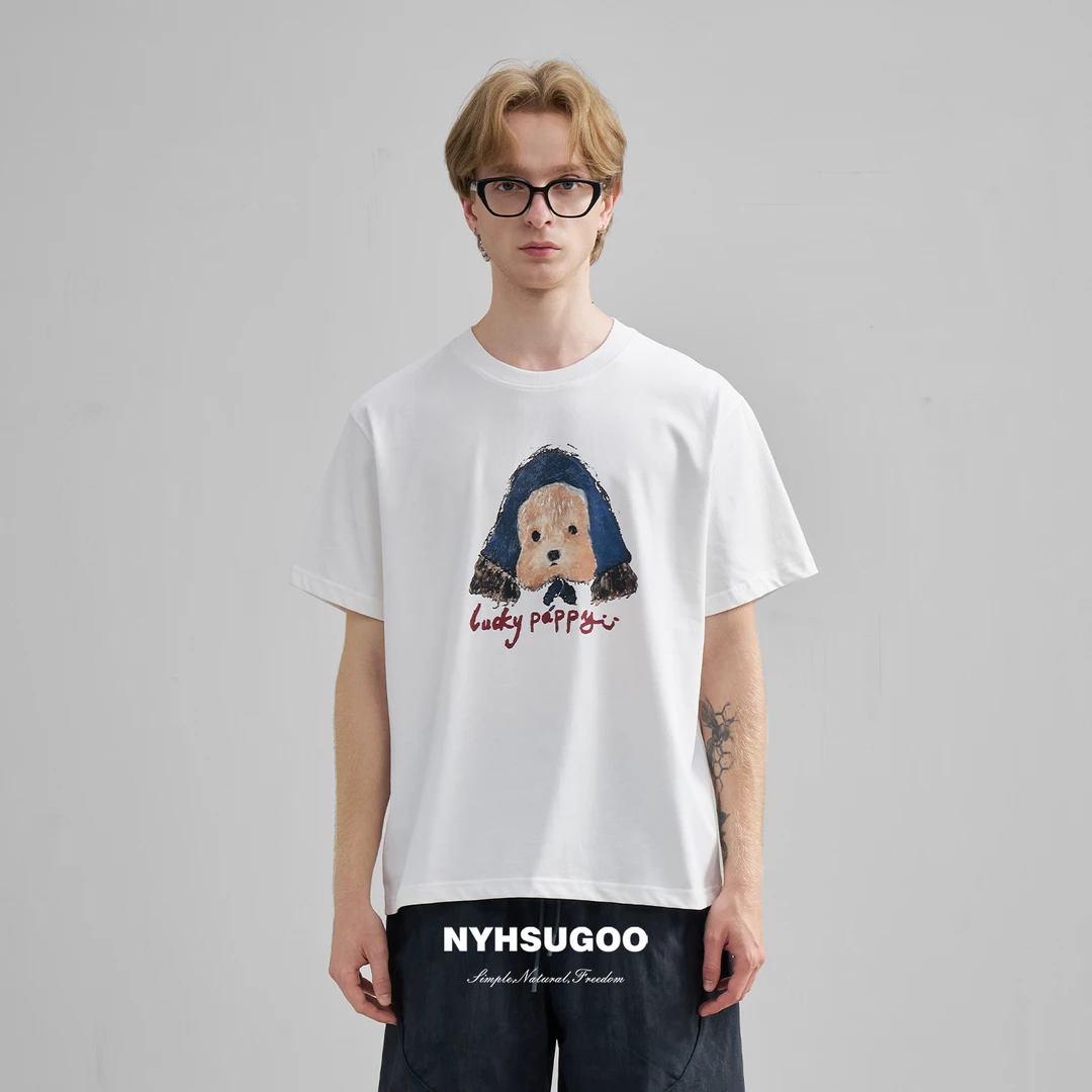 NYHSUGOO/南乙夏季新品小狗印花T恤休闲男士3653重磅棉感短袖