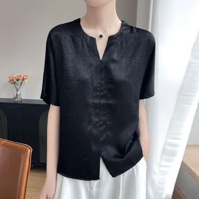 正品哥弟新款夏季醋酸缎面短袖女半开V领T恤半袖气质百搭洋气上衣
