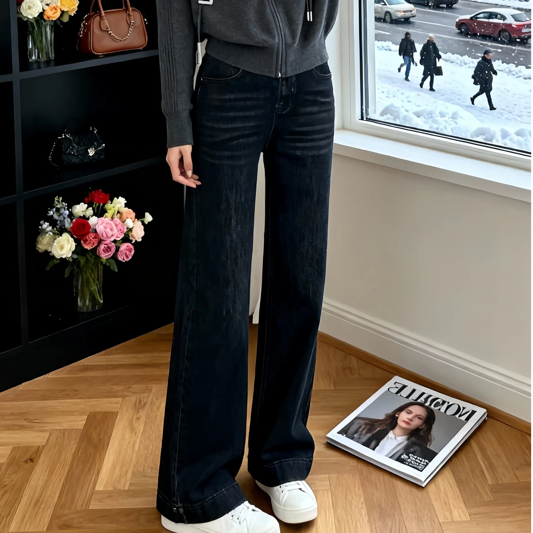 黑色高腰显瘦阔腿牛仔裤秋季新款宽松垂坠感直筒拖地裤
