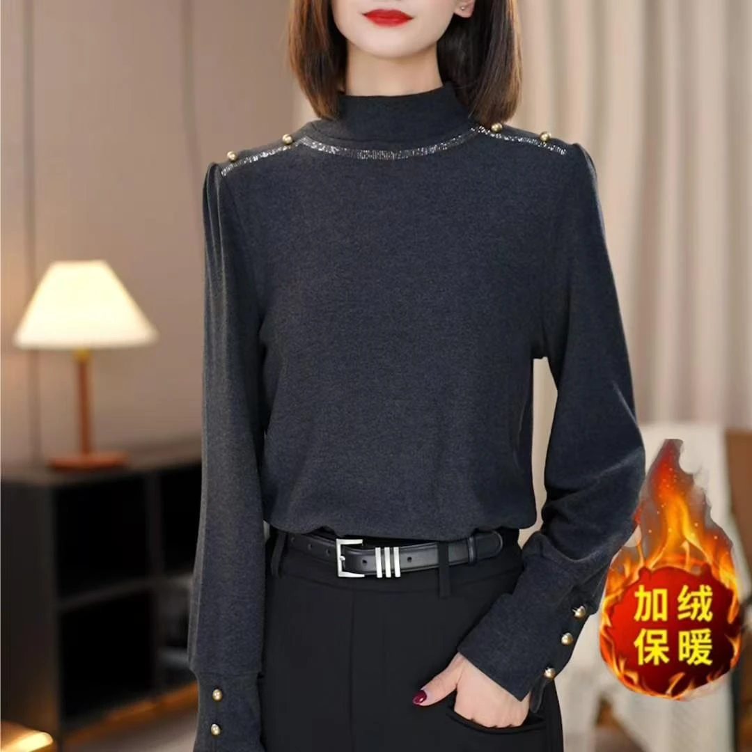 2024冬季新款百搭加绒保暖打底衫女气质洋气设计感长袖上衣T恤