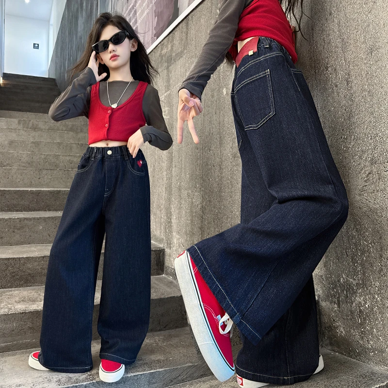 女童裤子秋冬装2025新款洋气初中生女孩阔腿裤大童加绒直筒牛仔裤
