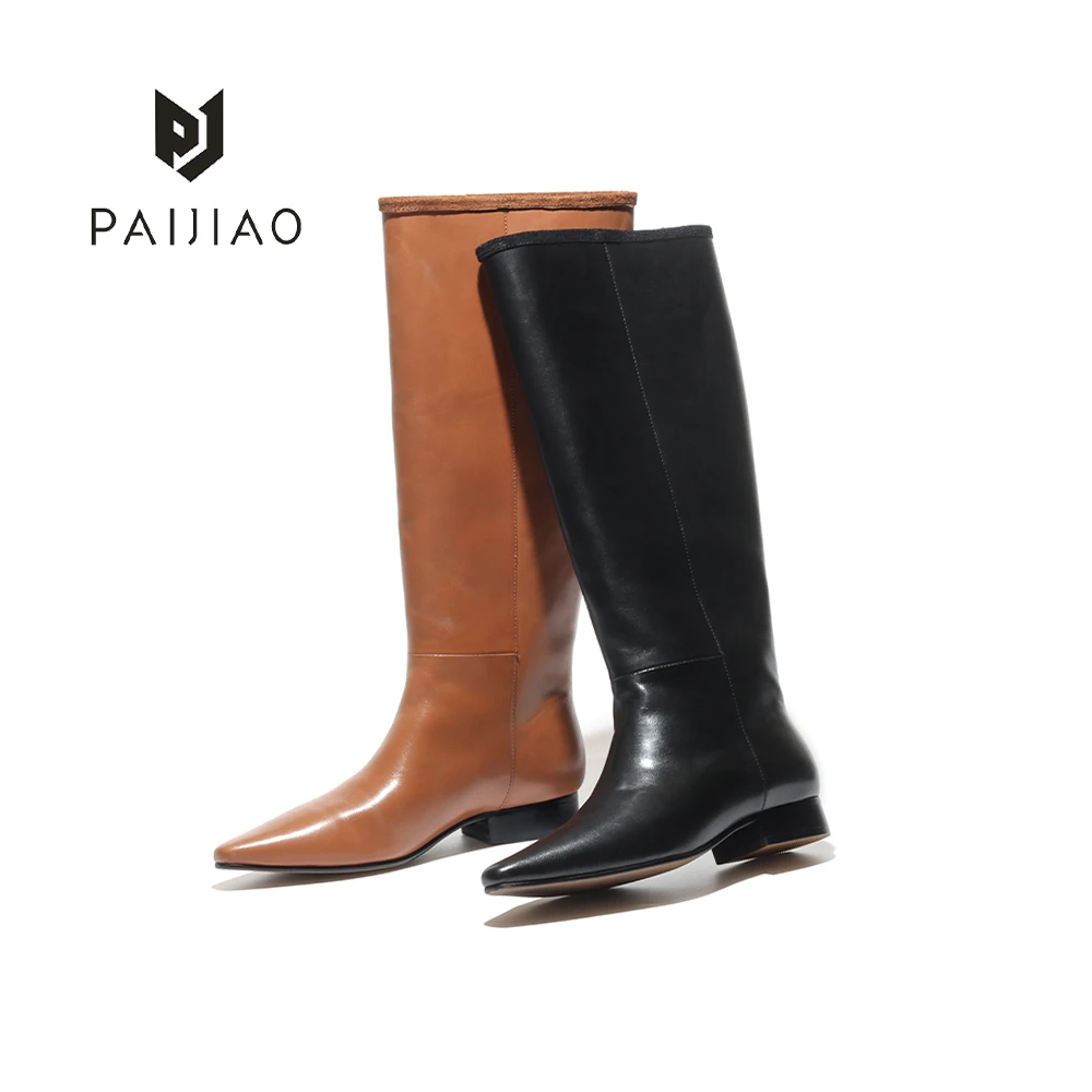 极简尖头牛皮西部高筒靴时尚复古瘦瘦靴ins潮牌堆堆长靴女XC938-6