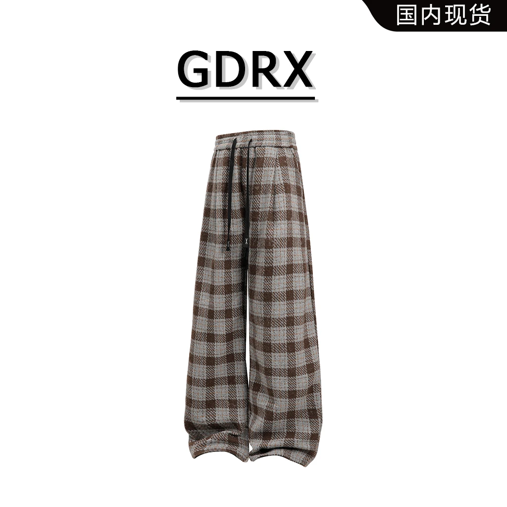 GDRX美式潮流休闲裤男生2025年秋季时尚百搭垂感设计感格子直筒裤