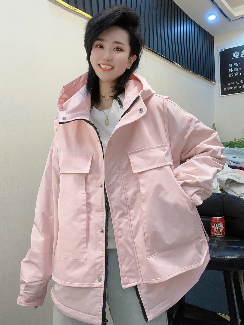 【鑫爷】潮派宽松大码新年新款宽松韩版假两件二棉保暖外套大衣8807