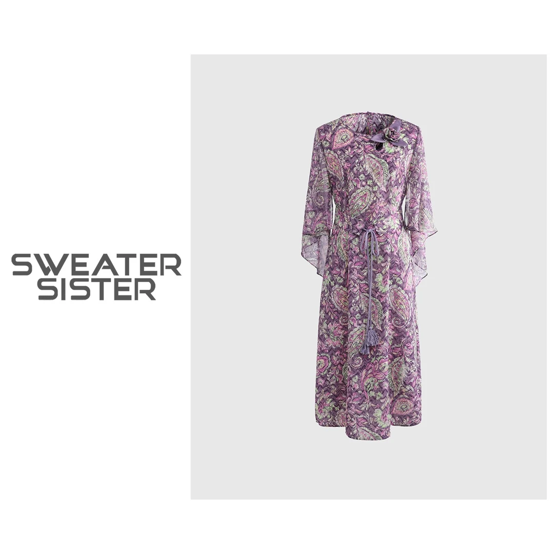 法式气质收腰显瘦系带印花中长款连衣裙女5291-9761