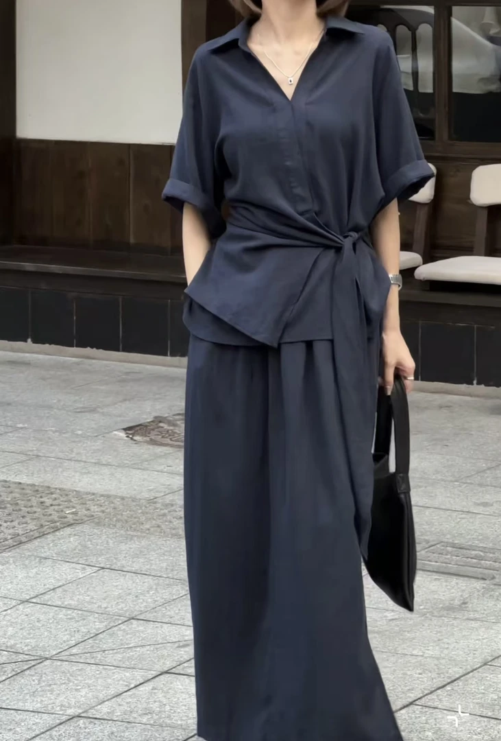 夏季l不规则简约绑带上衣时尚套装