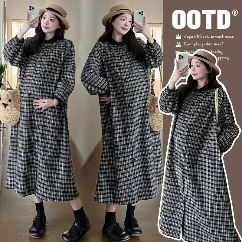 【嗒嗒】孕妇连衣裙2025新款春秋款格子中长款外穿孕妇裙子春季