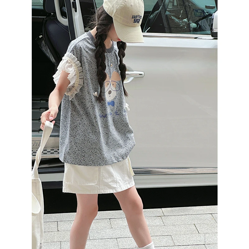 k29213蕾丝网纱女童夏装T恤短袖2025新款儿童休闲洋气上衣宽松潮t