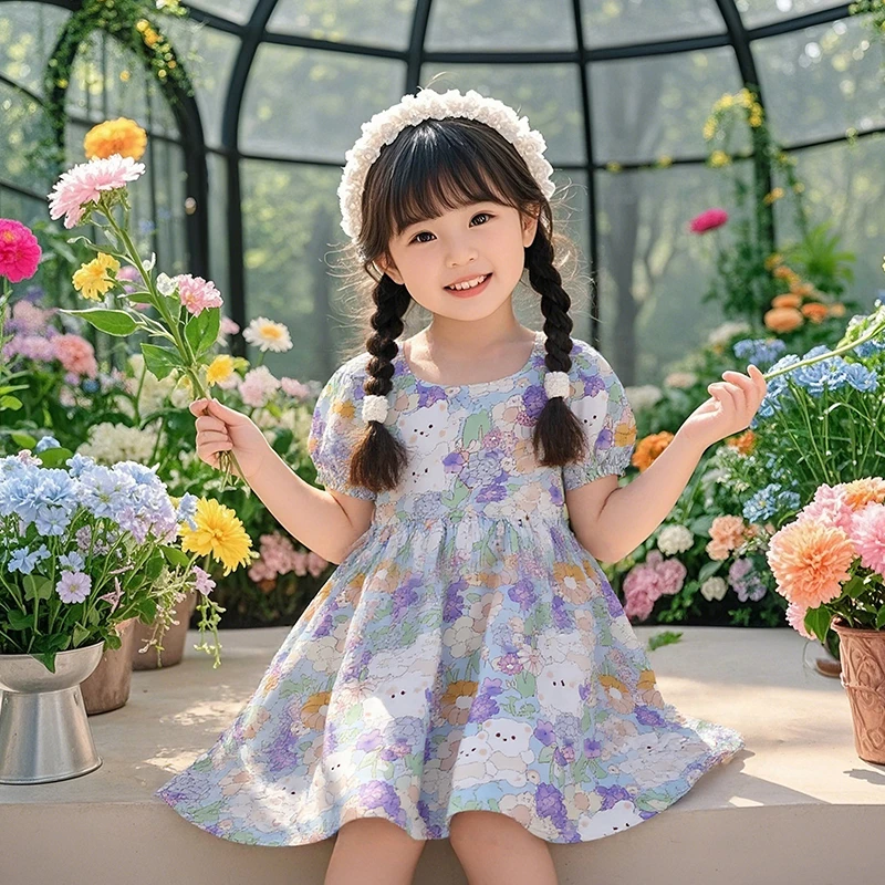 碎花A类夏季绵绸中大童女童可爱洋气连衣裙中小童女孩裙韩版凉快