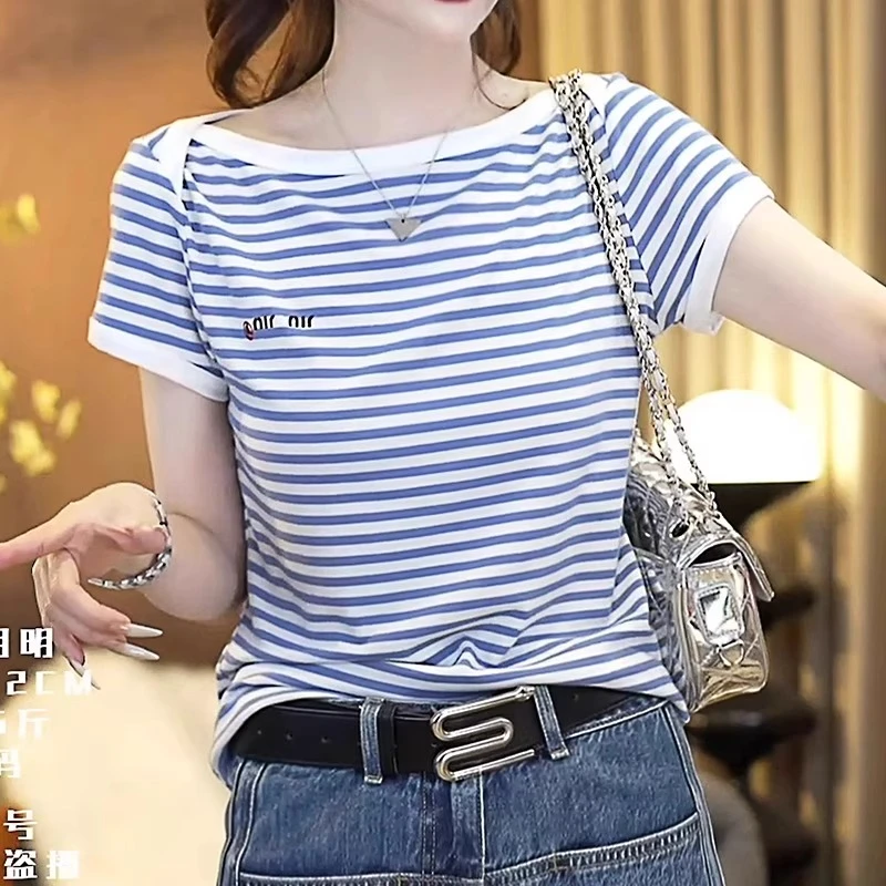 条纹撞色短袖t恤女2025夏季新款宽松显瘦百搭小众设计感女士上衣