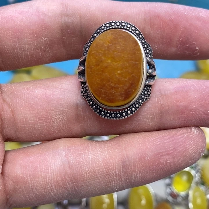 蜜蜡裸石银S925镶嵌戒指