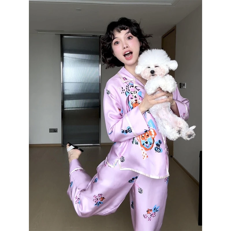 卡通可爱印花少女冰丝长袖睡衣女春夏季新款家居服大码长裤两件套