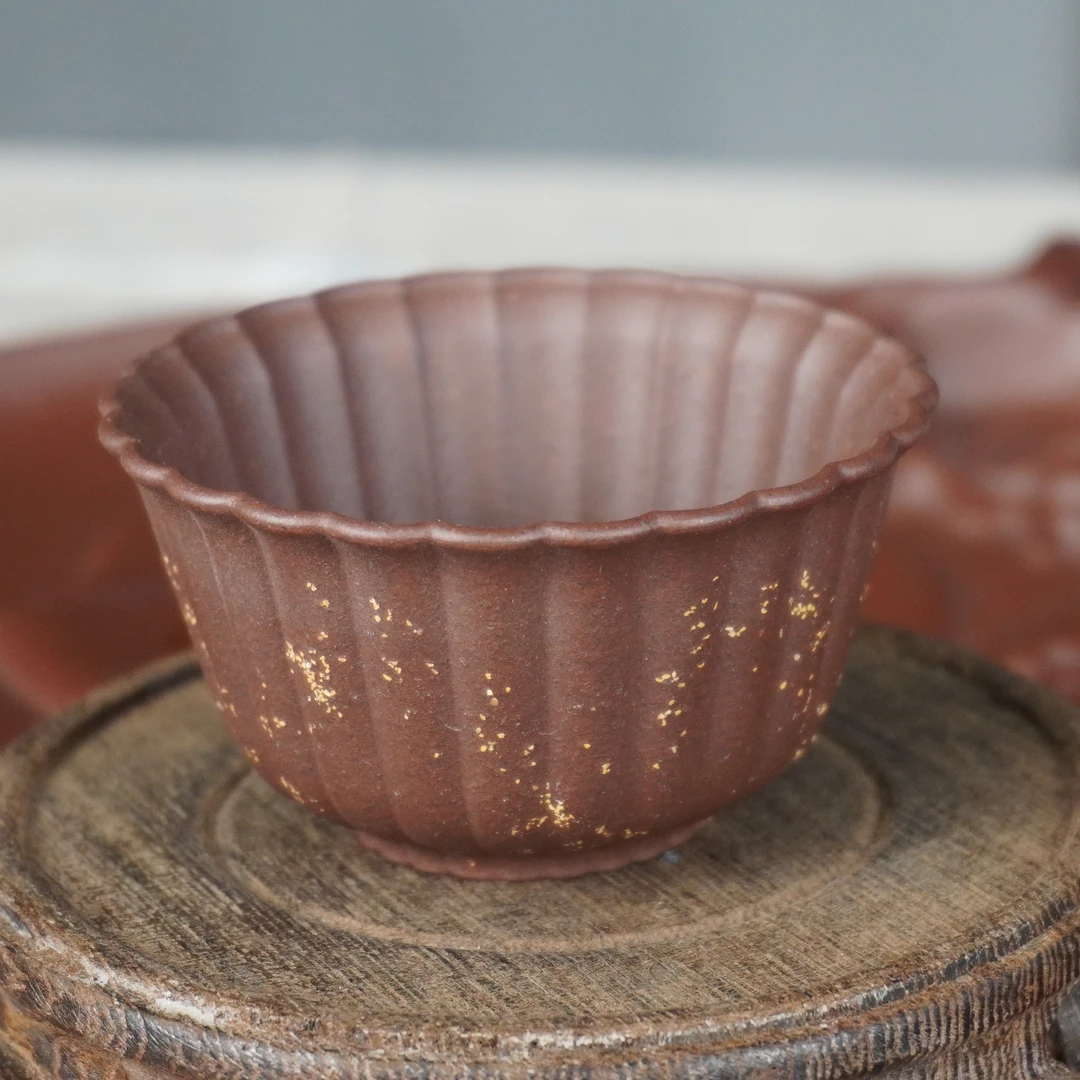 宜兴红泥紫砂杯小口杯主人杯莲花杯菊瓣手制柴烧杯色釉大红清水泥