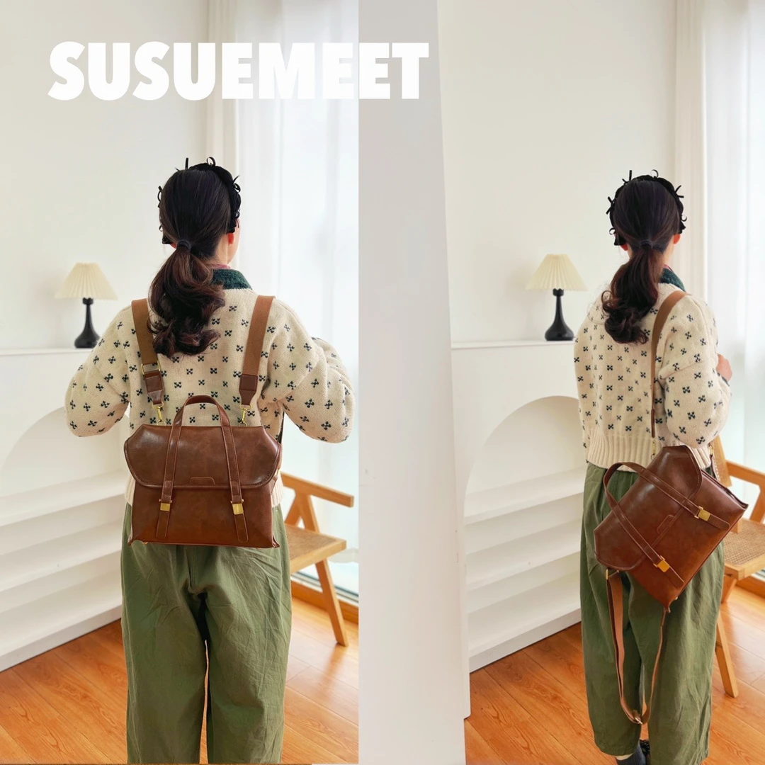 烤奶色复古文艺三用单肩包双肩包斜挎包 通勤上学休闲