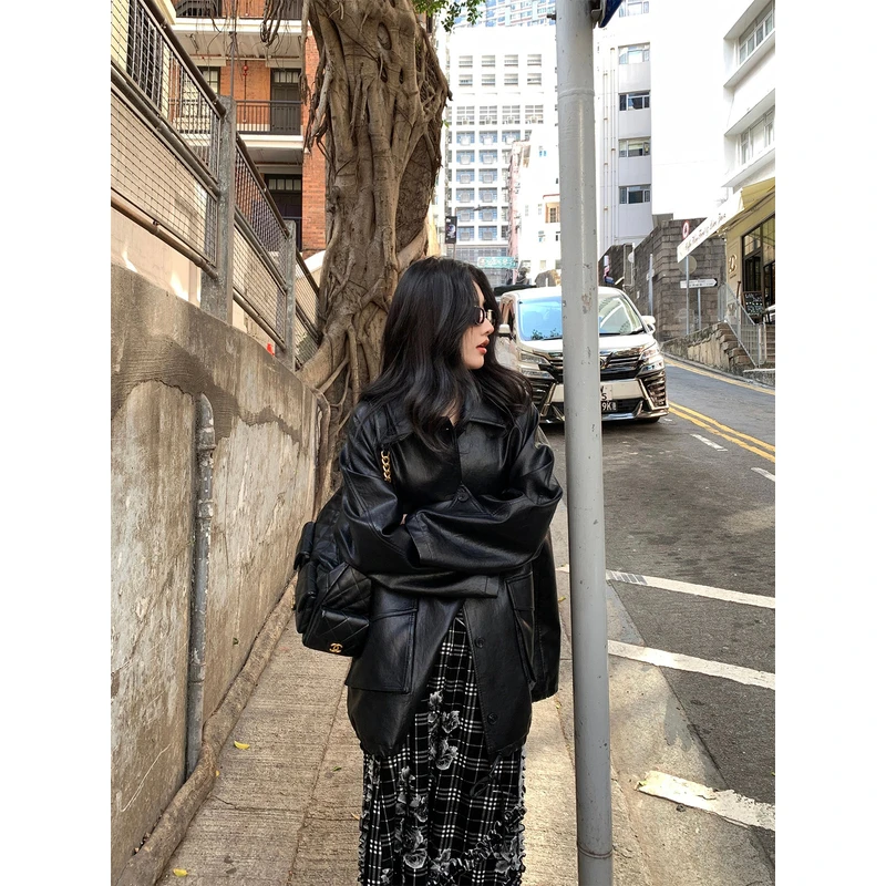 左边女装中长款宽松外套2025春季新款机车服休闲皮衣