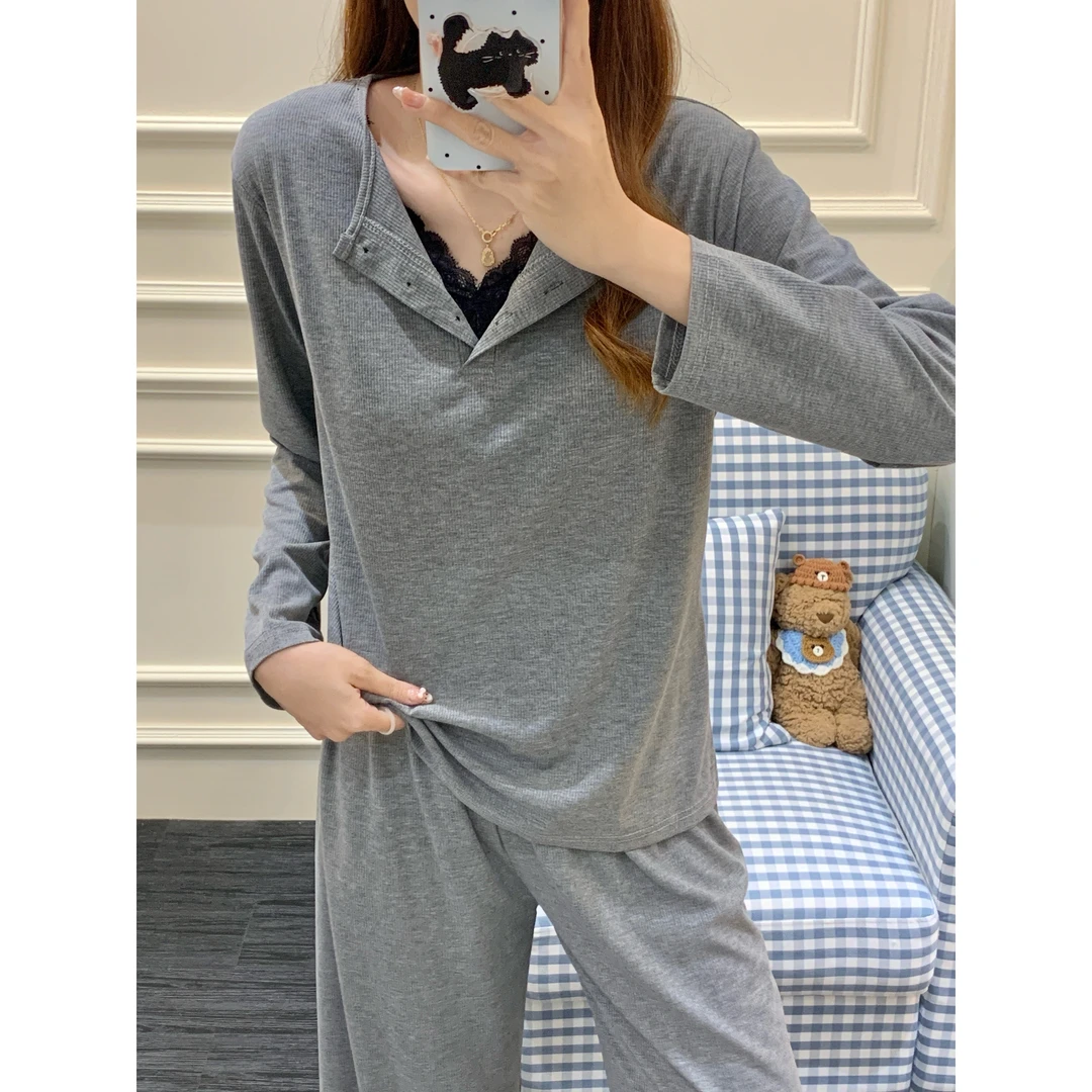 慵懒感莫代尔睡衣女款2025新款春秋季带胸垫长袖长裤秋冬家居服