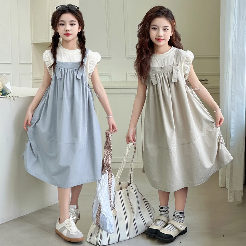 女童12-15岁夏季连衣裙新款洋气儿童棉布裙子学院风短袖背带裙