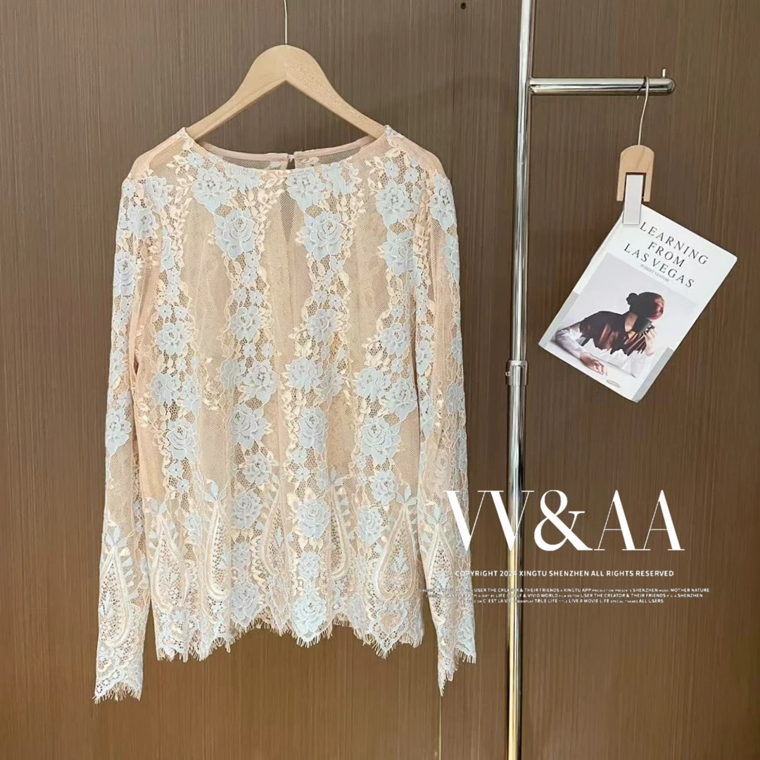 VV&AA 晚荷聆雨 高级设计感后开叉网纱蕾丝衫上衣女 KM4043