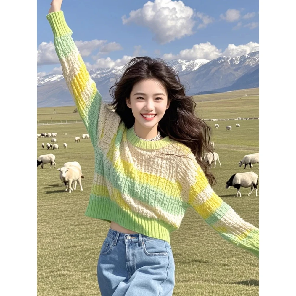 2025早春新款小个子慵懒风元气少女风黄绿色毛衣针织衫女短款上衣