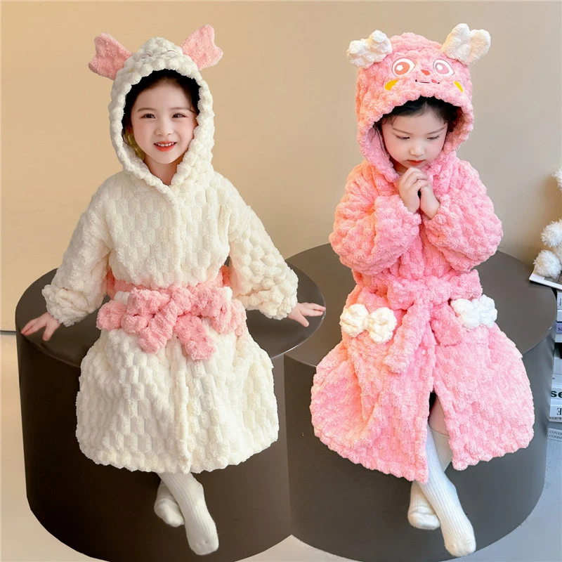 女童睡袍法兰绒秋冬季女孩宝宝保暖洗澡浴袍儿童珊瑚绒家居服浴袍