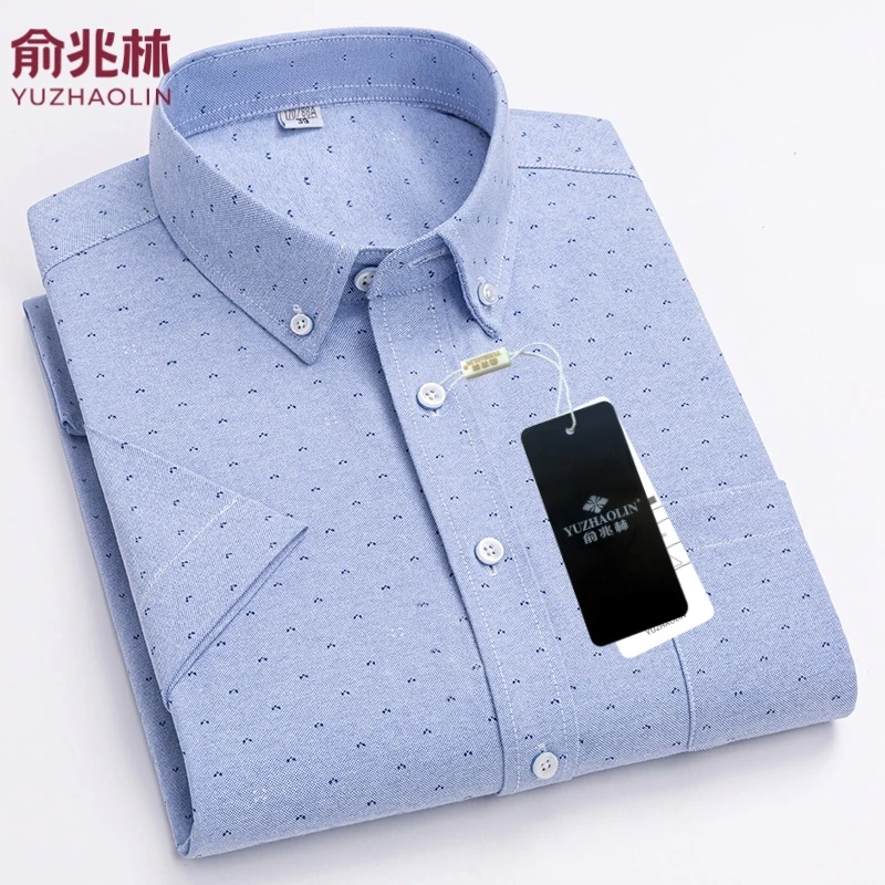俞兆林100%全棉男士短袖格子衬衫时尚潮流中青年纯棉牛津纺衬衣男