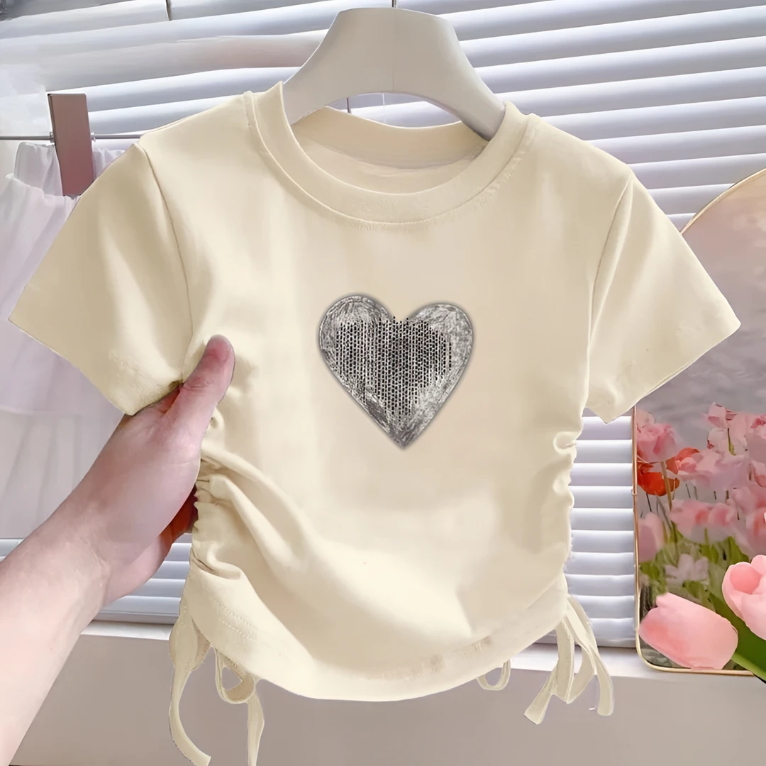 女童纯棉抽绳短袖t恤儿童2025夏季新款洋气修身体恤设计短款上衣