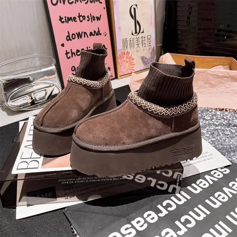 时尚雪地靴勃肯鞋女2025冬新款毛线筒套脚短靴马丁靴圆头松糕短靴