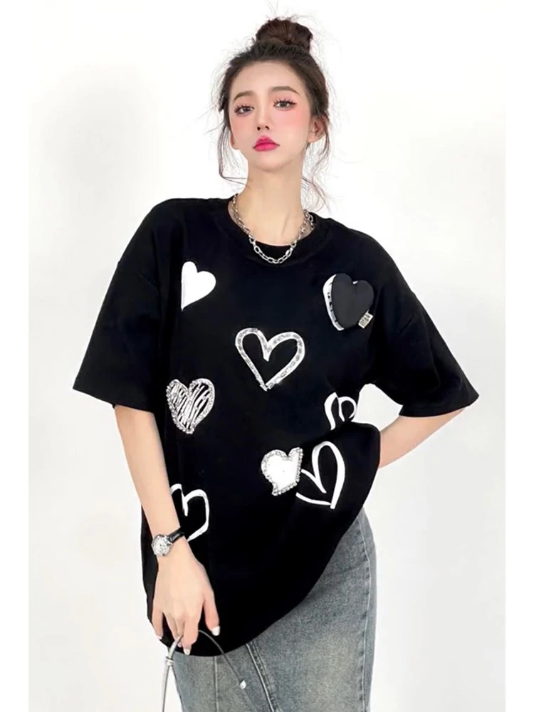 欧美风百搭款设计感爱心烫钻黑色爱心短袖上衣宽松遮肉大码T恤潮T