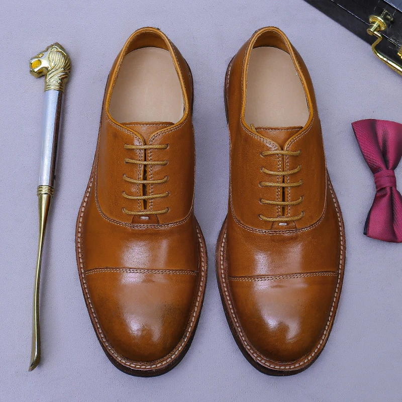 水洗马皮手工固特异皮鞋男士真皮三接头皮鞋男款复古英伦商务皮鞋