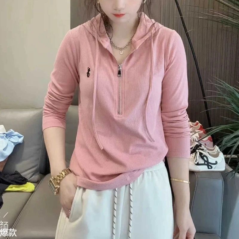 2025春季新款长袖连帽恤帽衫女短款百搭显瘦半拉链刺绣上衣打底