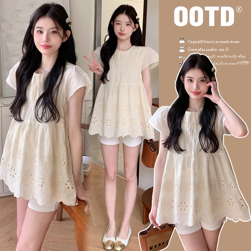 【伊伊】孕妇2025夏新款时尚甜美气质时尚显瘦镂空宽松绣花衬衫