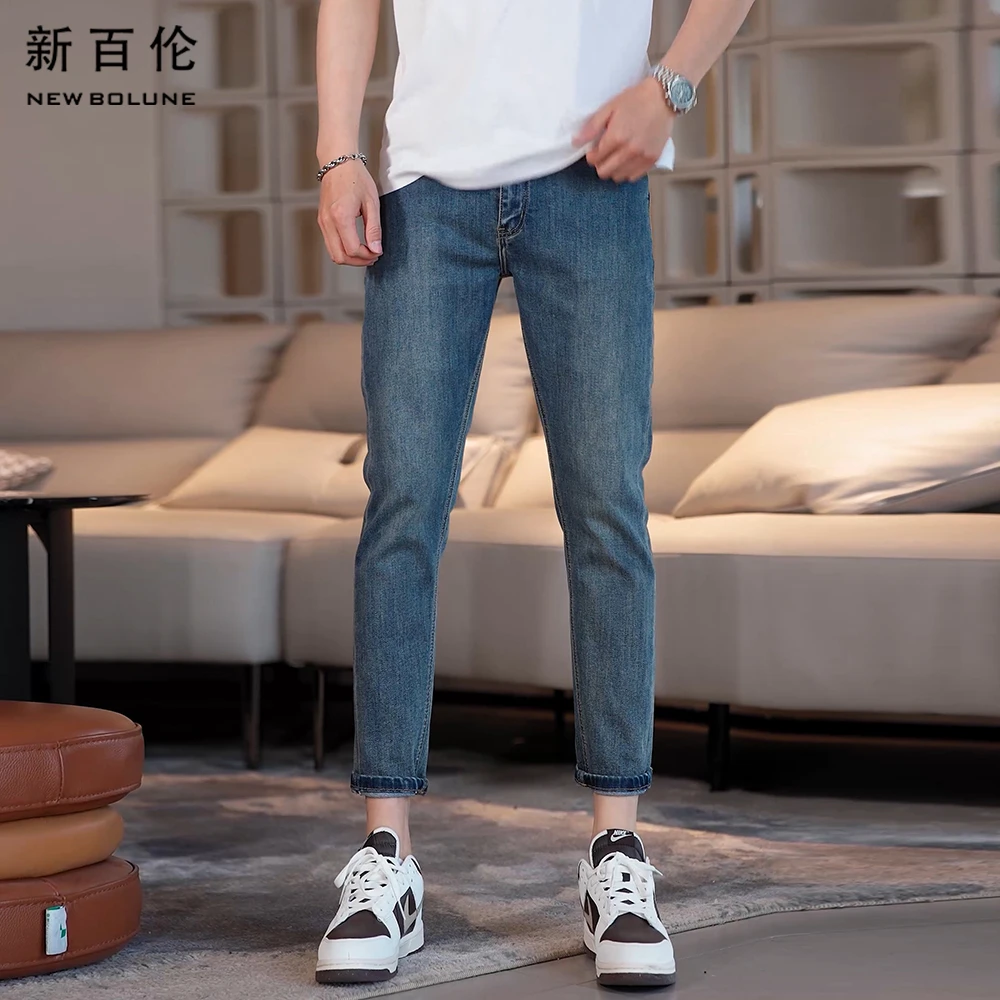 新百伦牛仔裤男装秋冬2025新款修身弹力休闲百搭男士小直筒九分裤