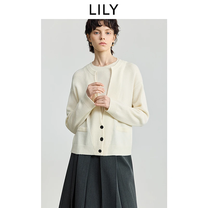 100%美丽诺羊毛LILY2025冬新款女装假两件白色针织衫125409TK908
