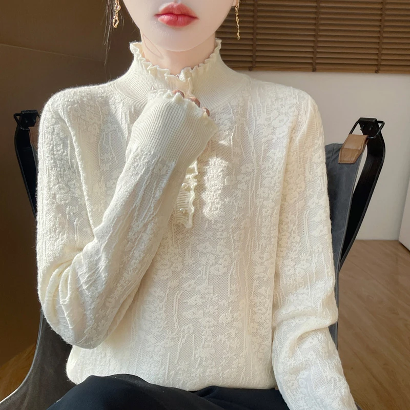 2024秋冬新款洋气优雅木耳花边半高领打底衫女宽松加厚针织毛衣77