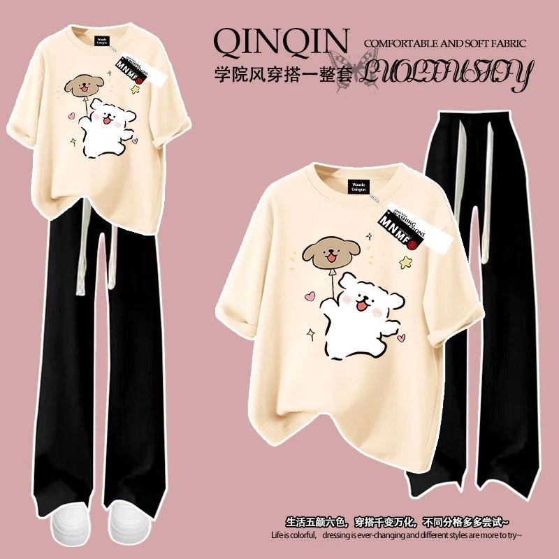 2025新款卡通洋气线条小狗印花男女童夏季套装纯棉短袖t恤直筒裤