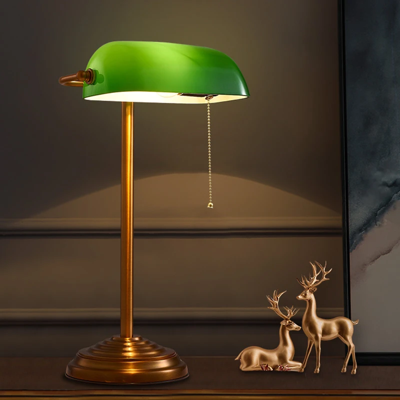 全铜复古书桌美式银行老上海绿罩民国办公桌阅读客厅怀旧书房台灯