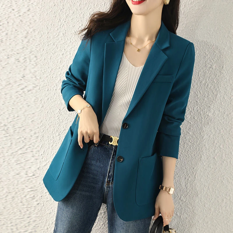 高端蓝色西装外套女2025年春秋新款韩版时尚洋气西服两粒扣上衣女