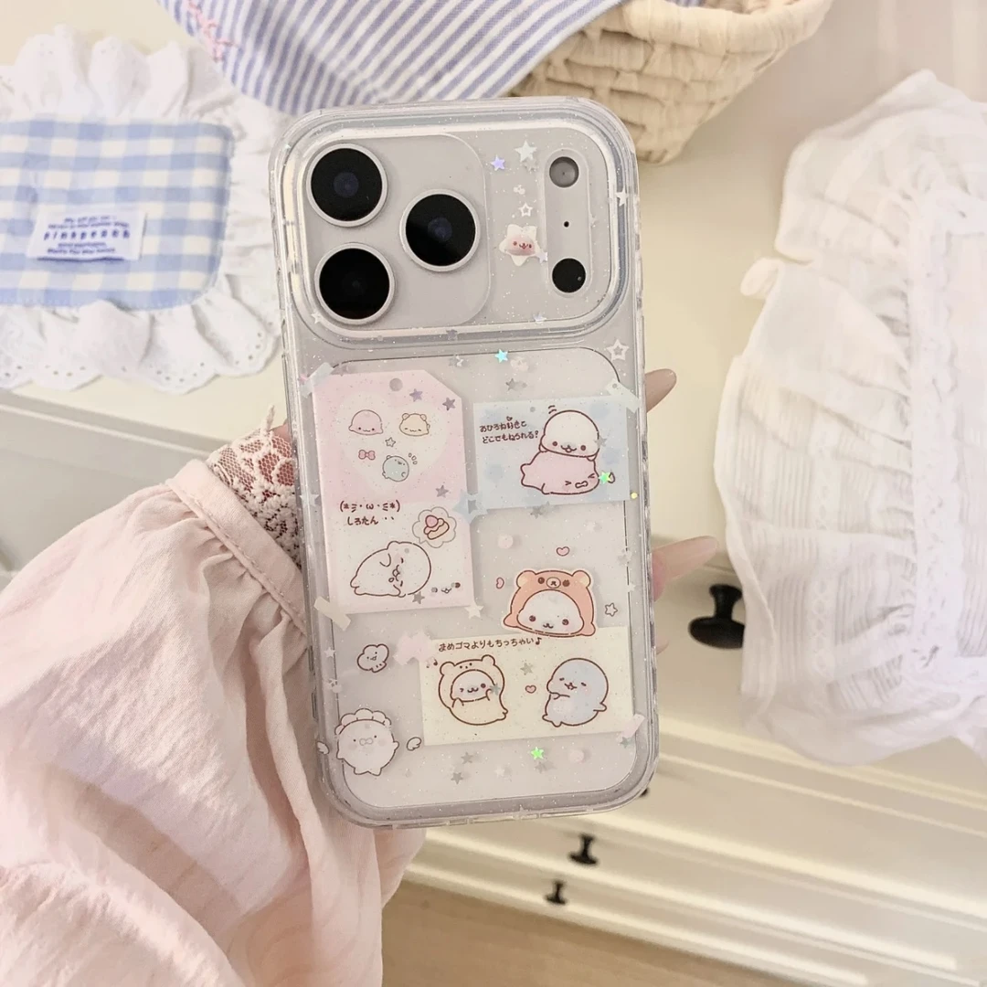 卡通拼贴豆芝麻小海豹适用苹果17/16/15/14/13/pro透明细闪手机壳