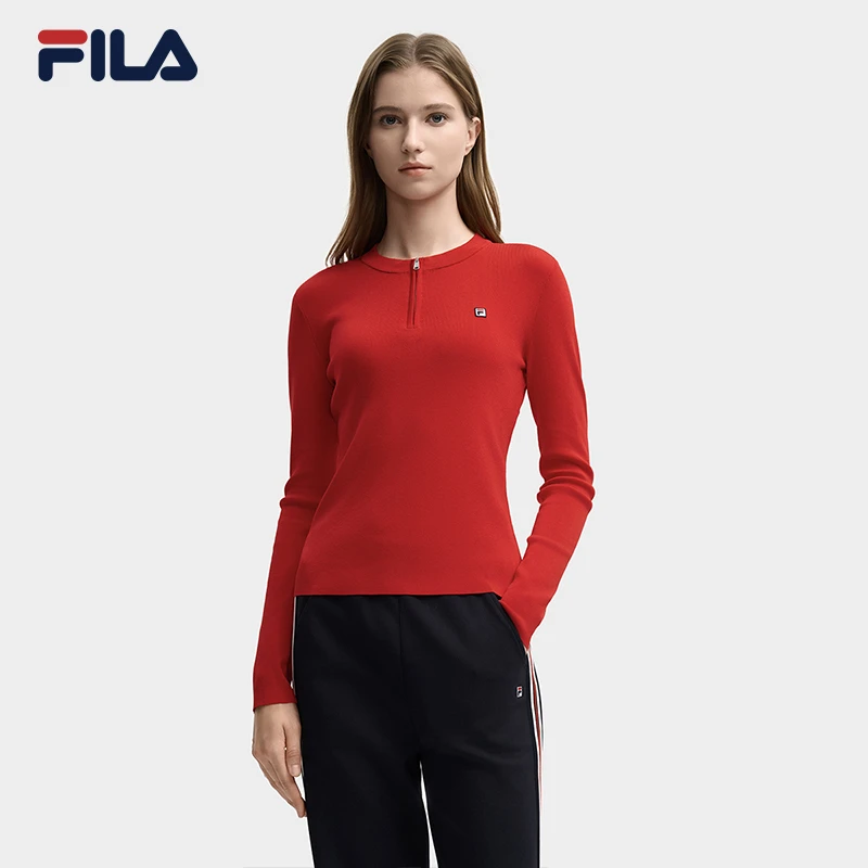 Fila/斐乐早秋新款女士红色半拉链圆领户外运动编织衫秋冬穿搭