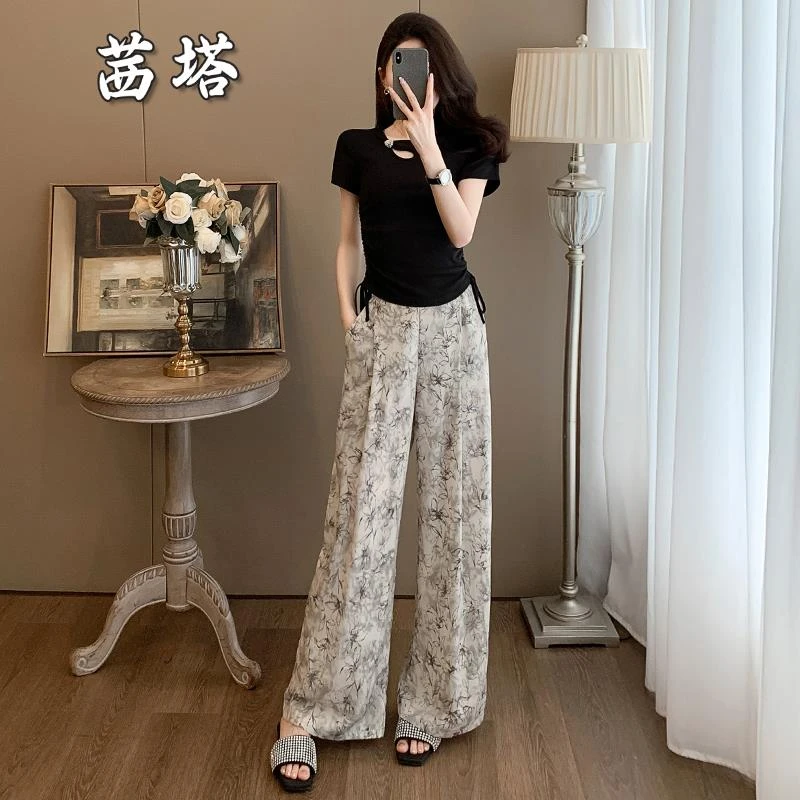 新中式时尚休闲套装女夏季2025新款国风黑色修身短袖阔腿裤两件套