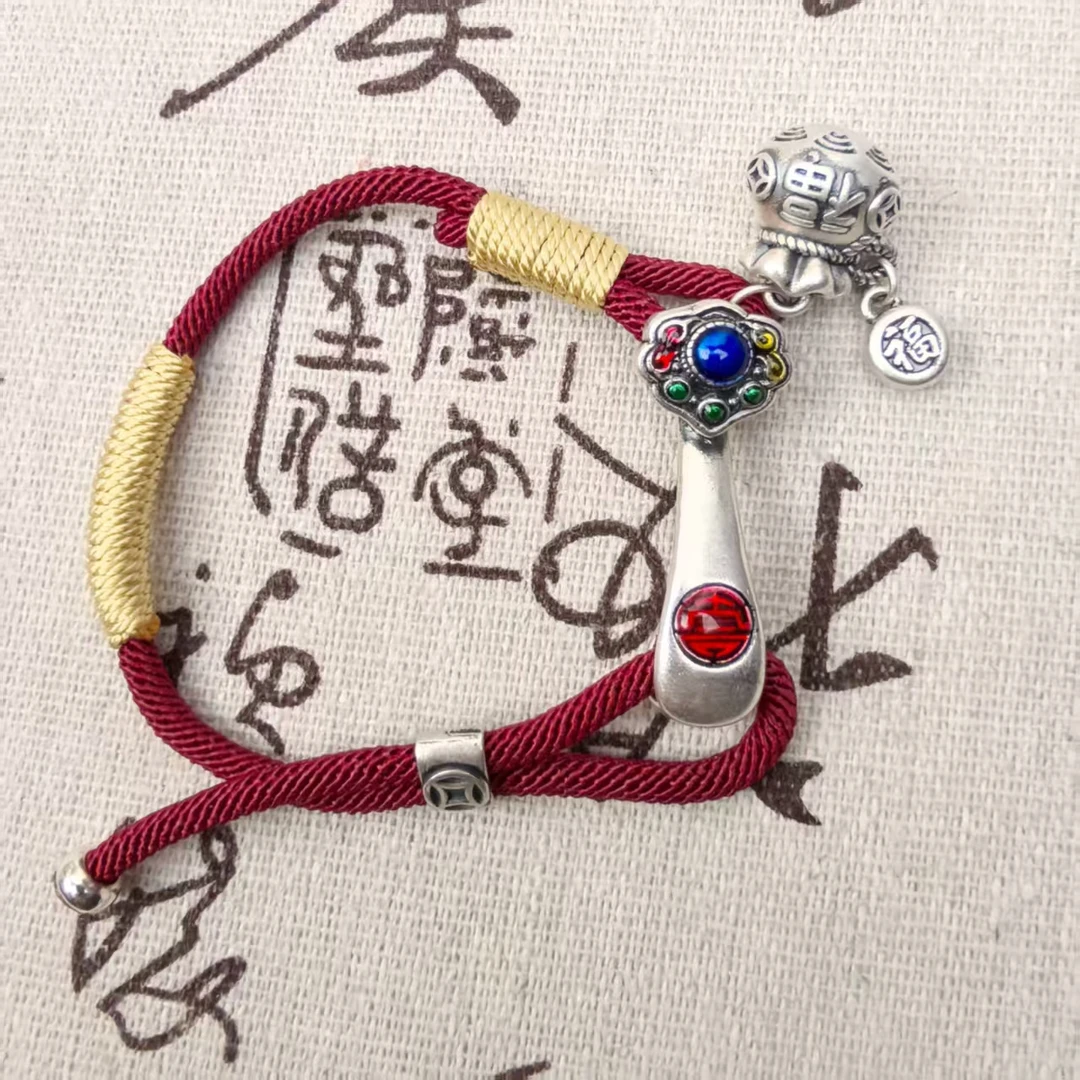 足银手链 999银珐琅彩如意带双福袋银饰手链 民族风百搭