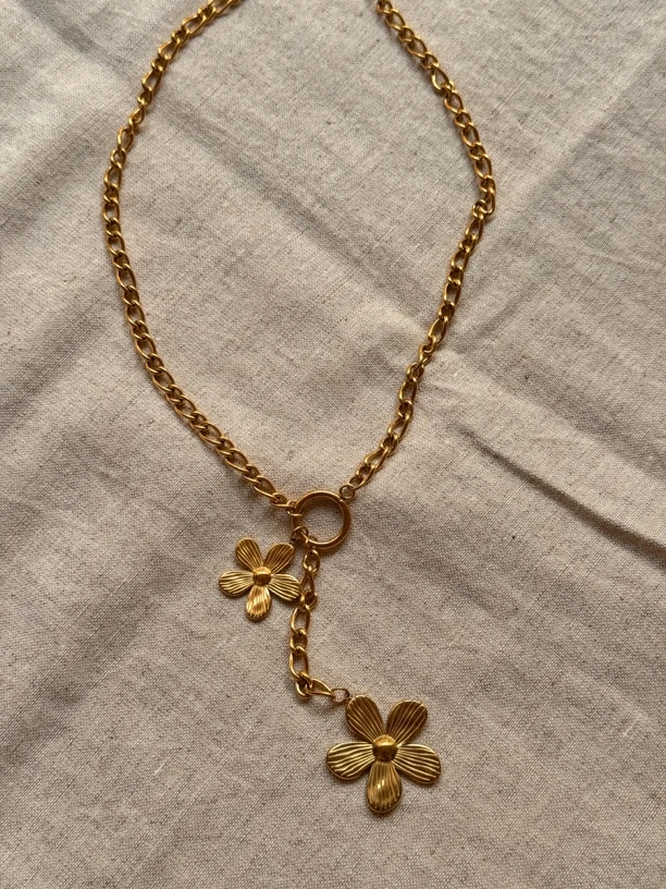 钛钢项链 『粗链双花』欧美时尚短链复古金色甜美