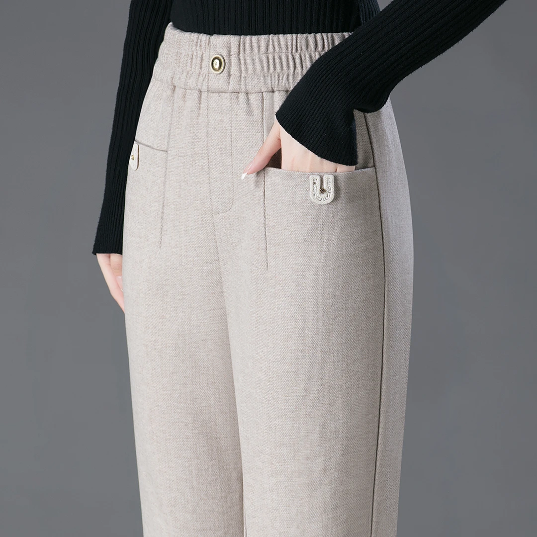 毛呢休闲裤女士2025秋冬季新款宽松哈伦裤高腰显瘦直筒裤长裤子