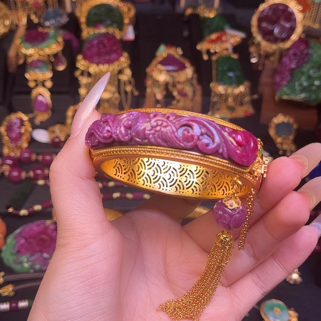 红宝石银S925镀金镶嵌手镯