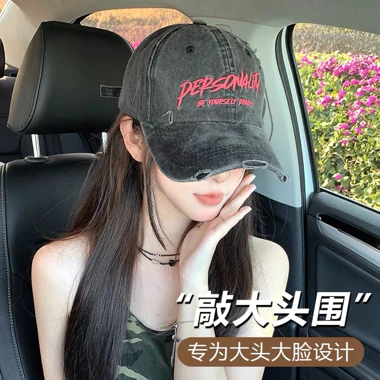 美式水洗牛仔刺绣棒球帽女遮阳大头围破洞弯檐鸭舌帽显脸小情侣款