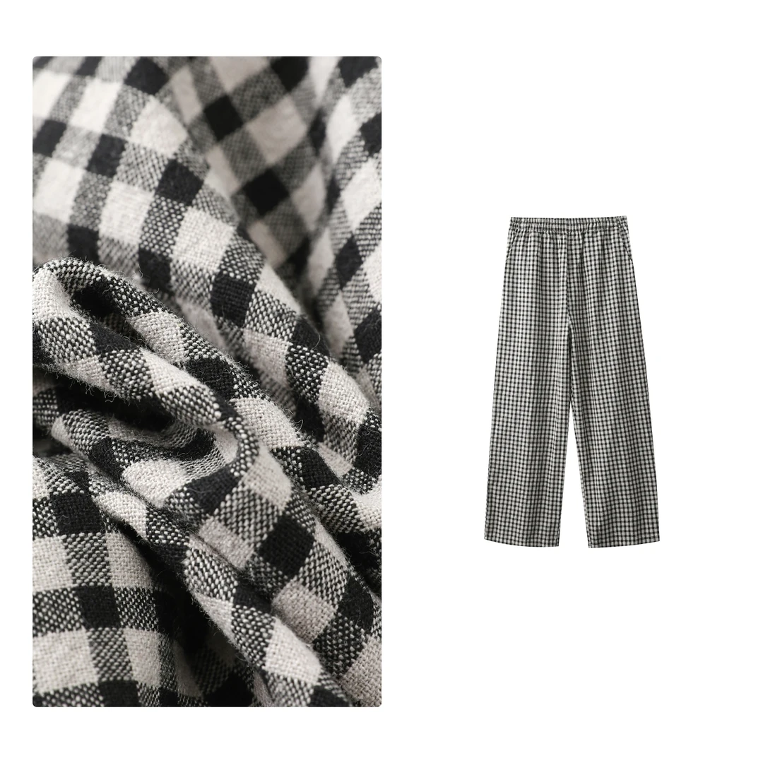 门店39&9！饼干碎休闲裤」混纺色织棉感百搭宽松显瘦阔腿裤C23707