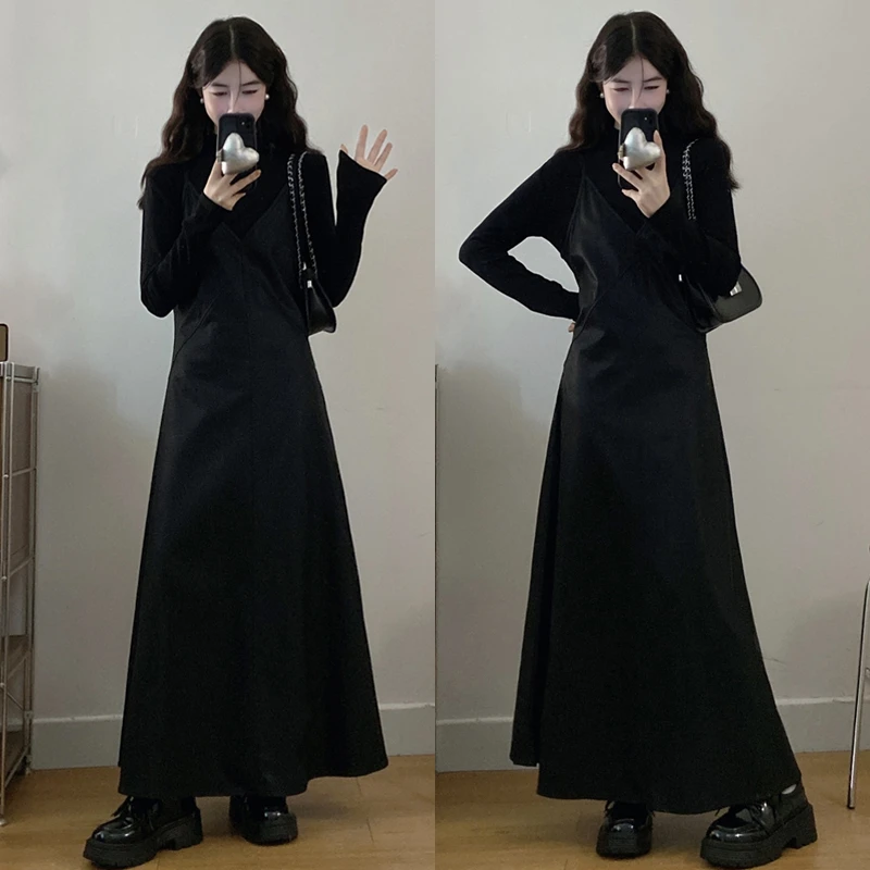 大码胖mm新款PU皮黑色吊带裙叠穿打底裙内搭长袖上衣两件套装女