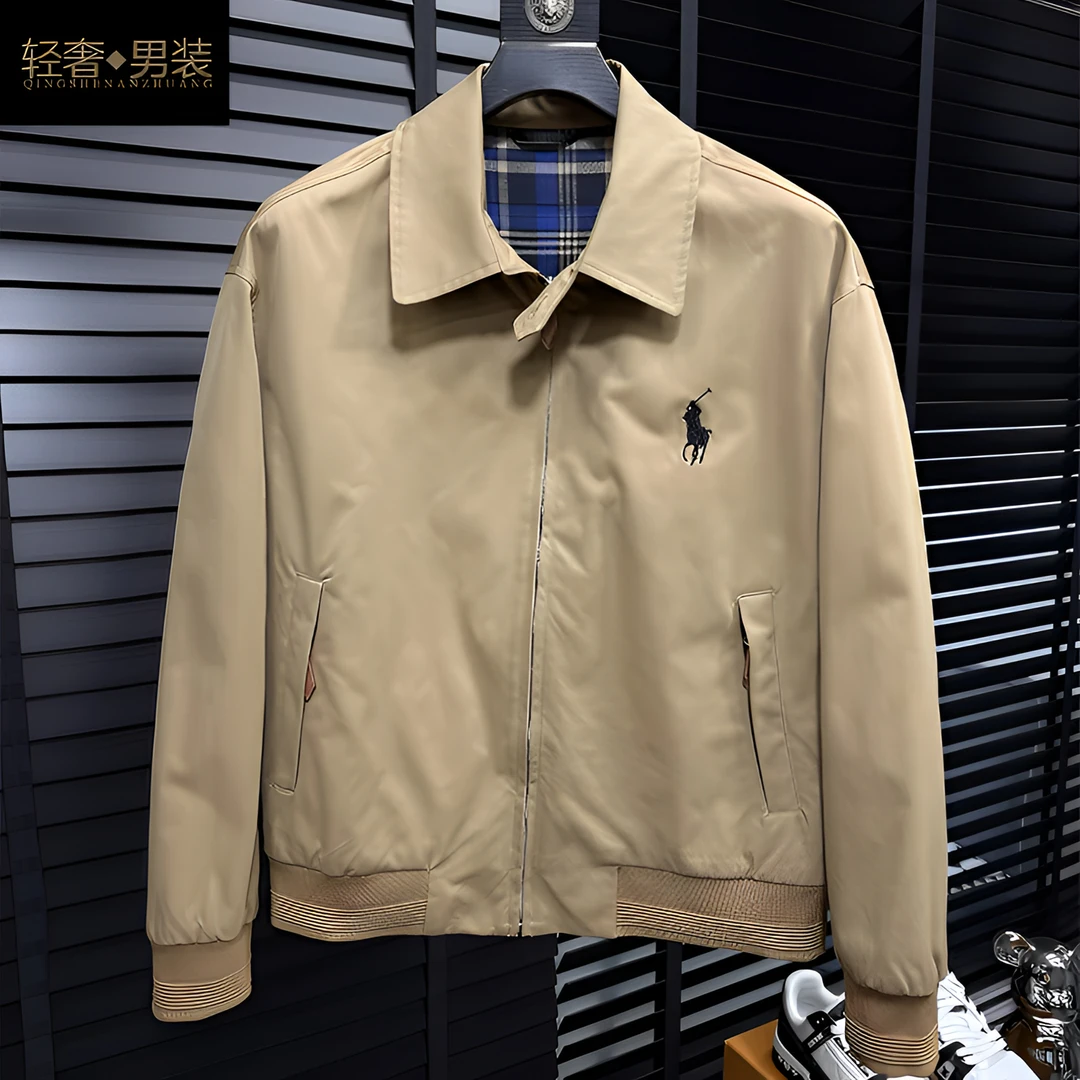 欧货潮流商务休闲翻领夹克男2025春秋新款简约logo刺绣百搭外套男