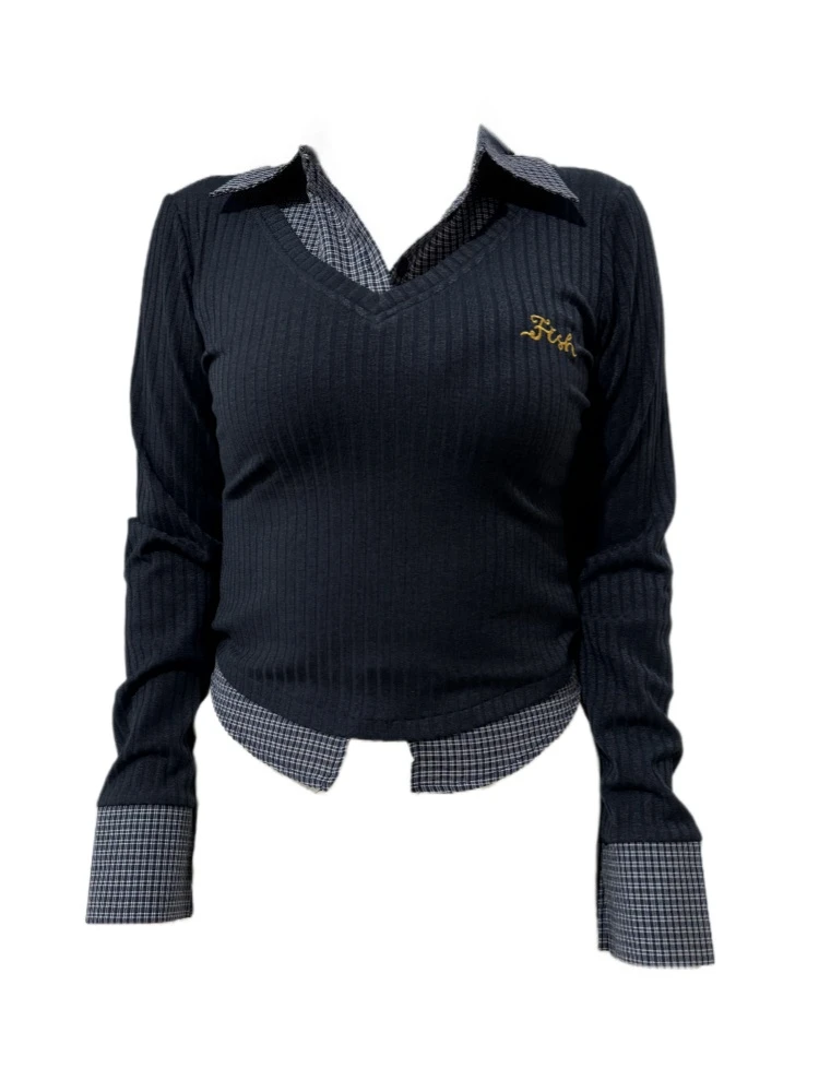 Amy家 微胖mm学院风polo领假两件上衣女秋季设计感格子拼接T恤女