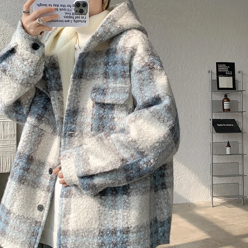 V37 格子毛呢棉衣男2024冬季新款青少年加绒加厚情侣潮流棉服外套